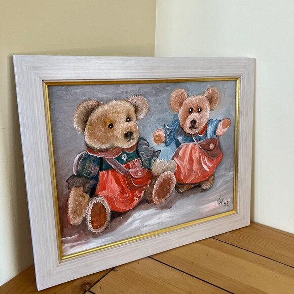 Teddy Bear Friends Original Framed Painting Vintage Signed GW '98 - Picture 2 of 5